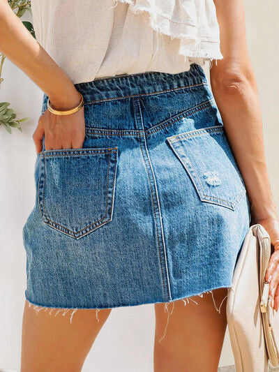 “The Round The Way” Button-Fly Distressed Raw Hem Denim Skirt