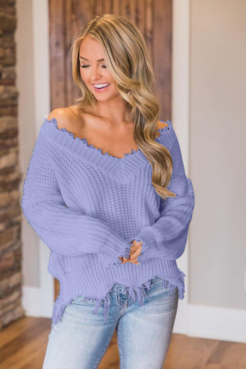 “The Deeply Loved” Frayed Hem Dropped Shoulder Sweater