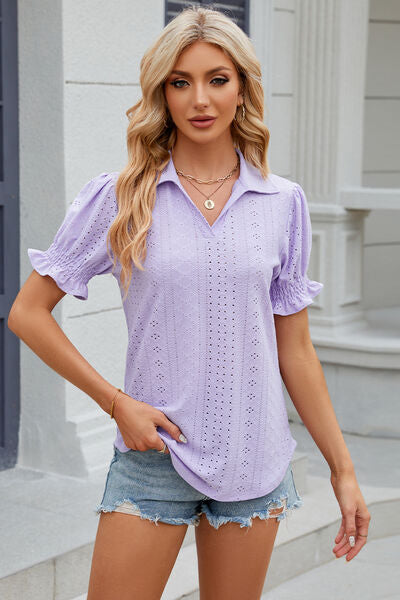 “The Librarian” Eyelet Johnny Collar Short Sleeve Blouse