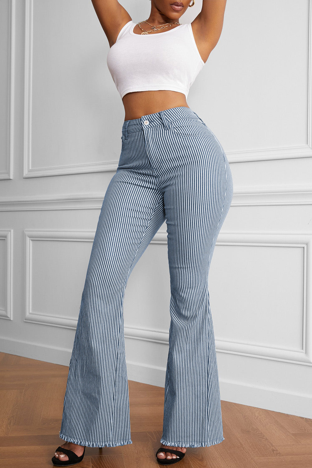 “The Misty Blue” Striped Fringe Detail Flare Pants