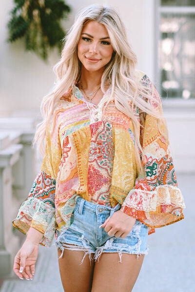 “The Double Take” Printed Lace Trim Buttoned Blouse