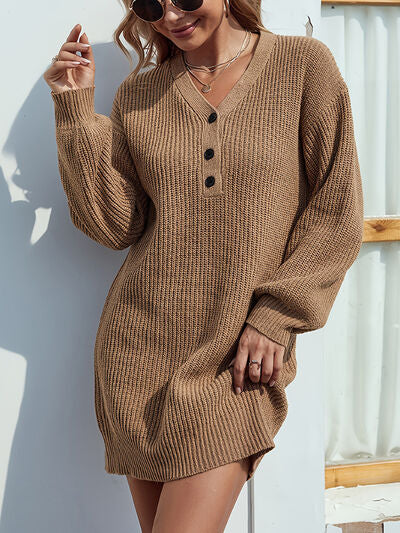 “The FeeV-Neck” Dropped Shoulder Mini Sweater Dress