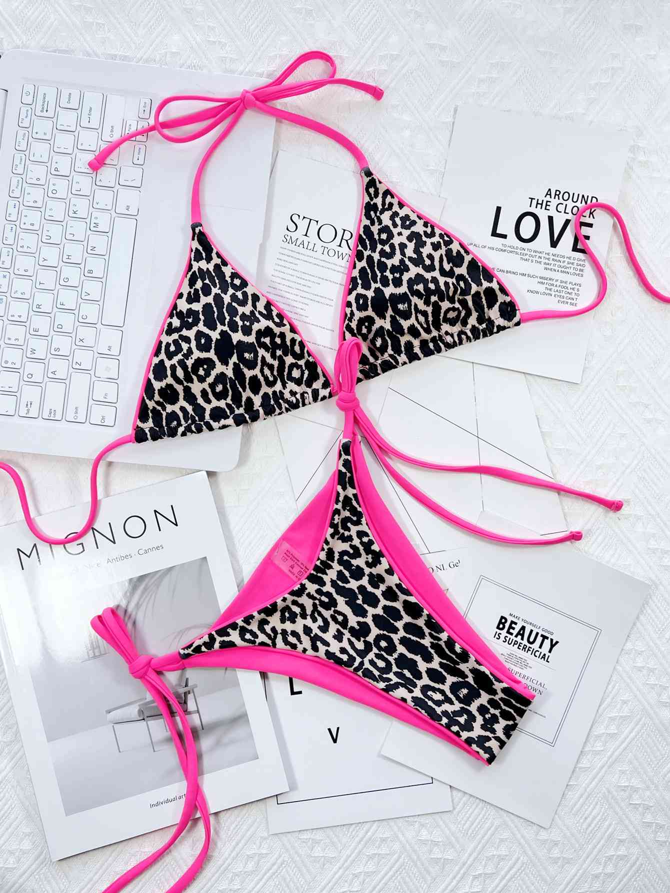 “The Glow Leopard” Print Halter Neck Tie Side Bikini Set