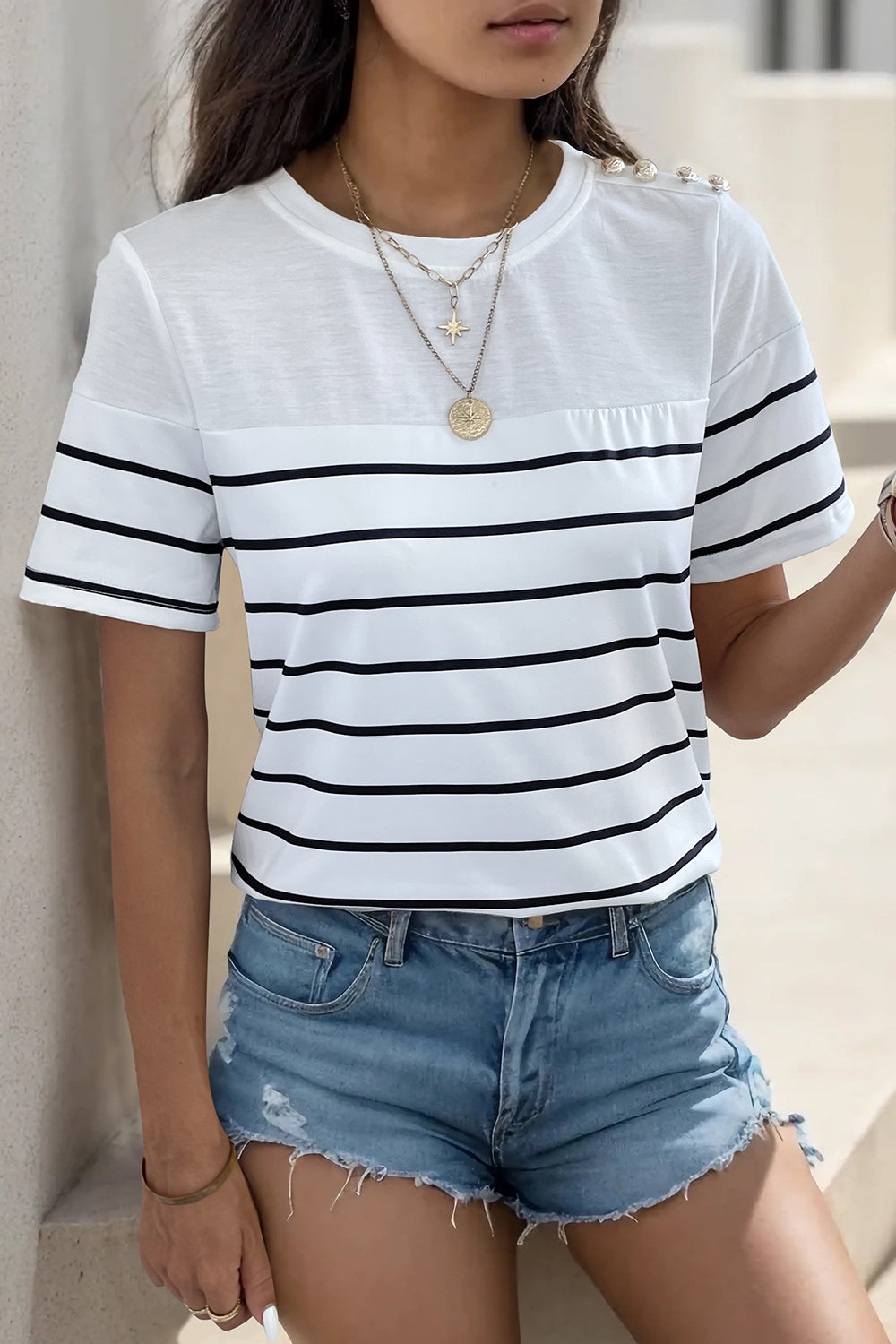 “The Aaliya” Decorative Button Striped Short Sleeve T-Shirt