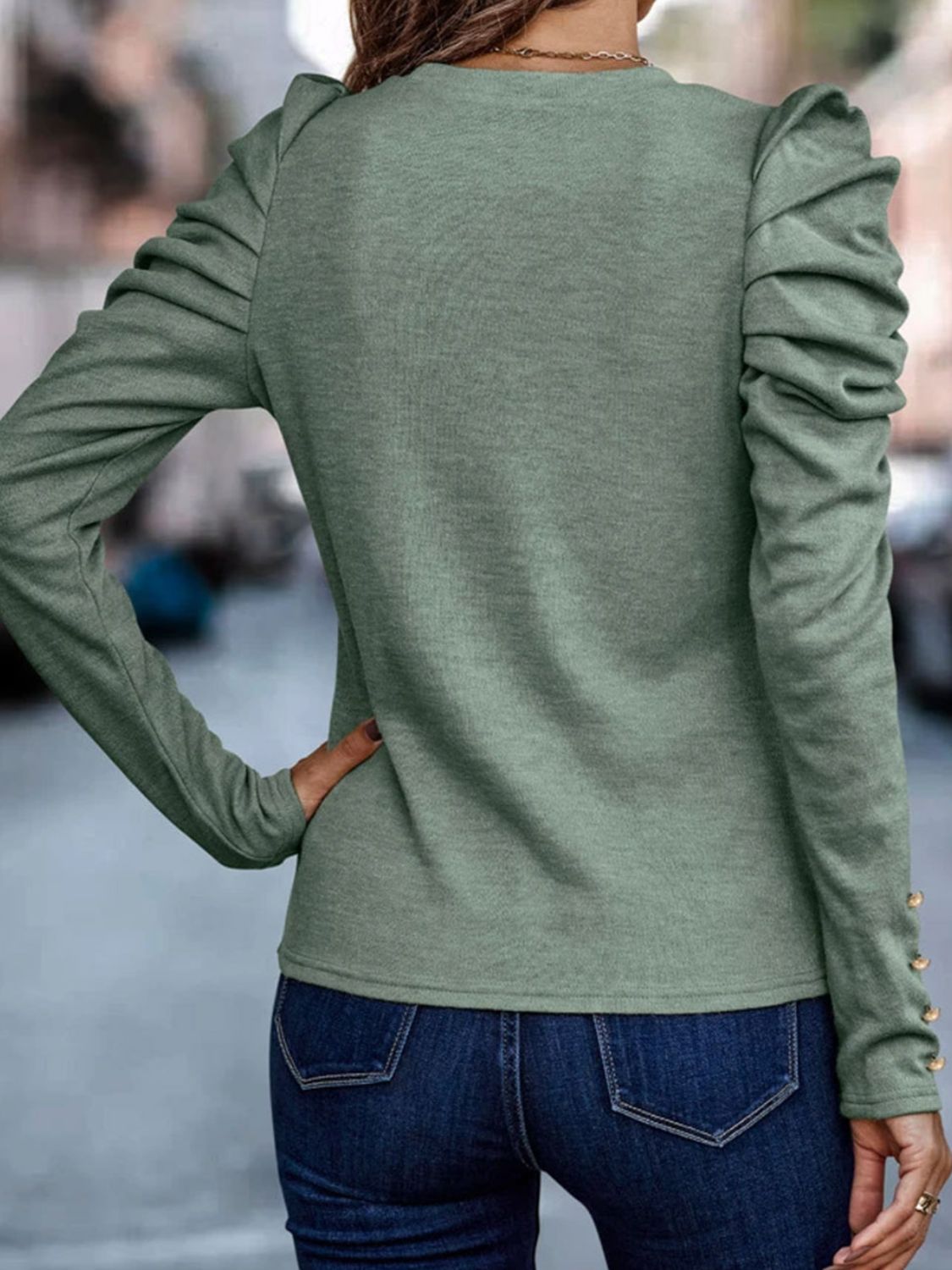 “The Steady Riser” Round Neck Puff Sleeve Sleeve Blouse