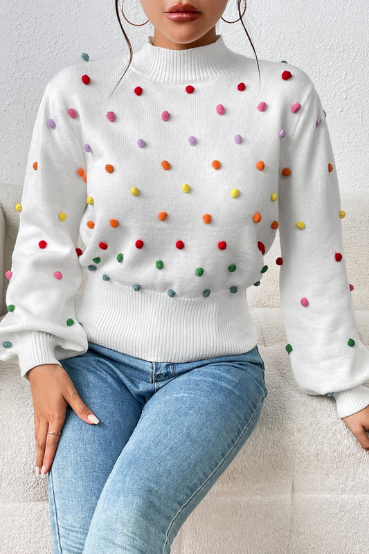 “The Rump Pom-Pom” Trim Mock Neck Long Sleeve Pullover Sweater