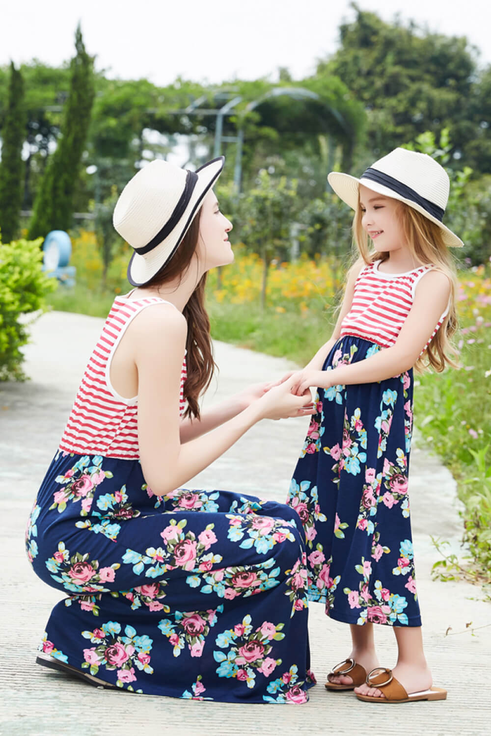 Girls Striped Floral Sleeveless Dress