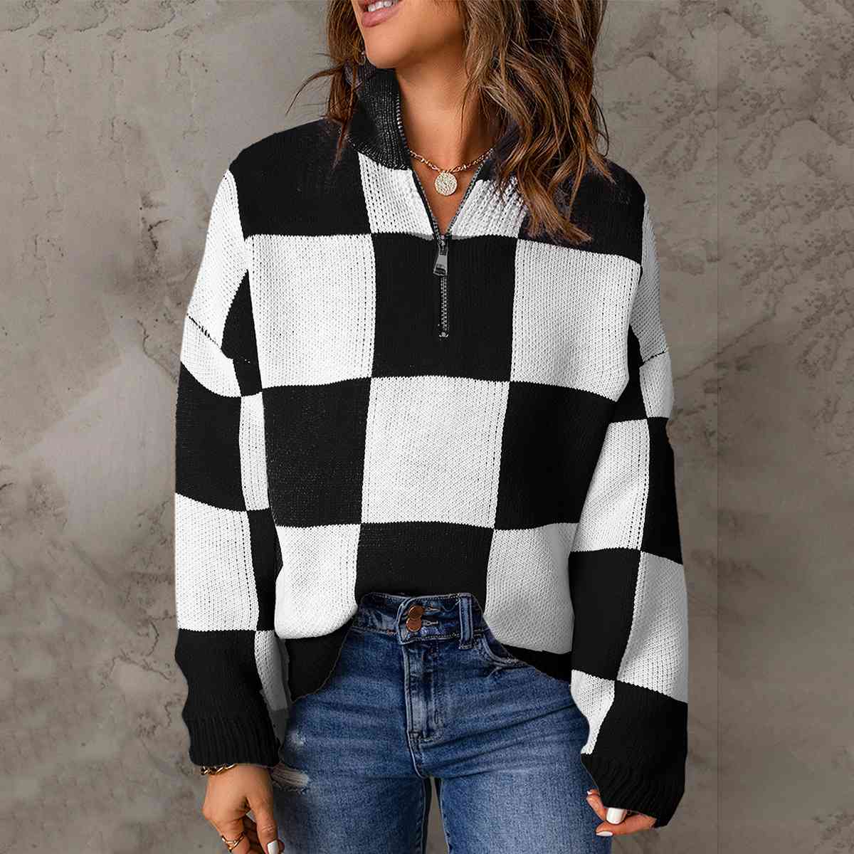 “The Chess Not Checkers” Checkered Half Zip Long Sleeve Sweater