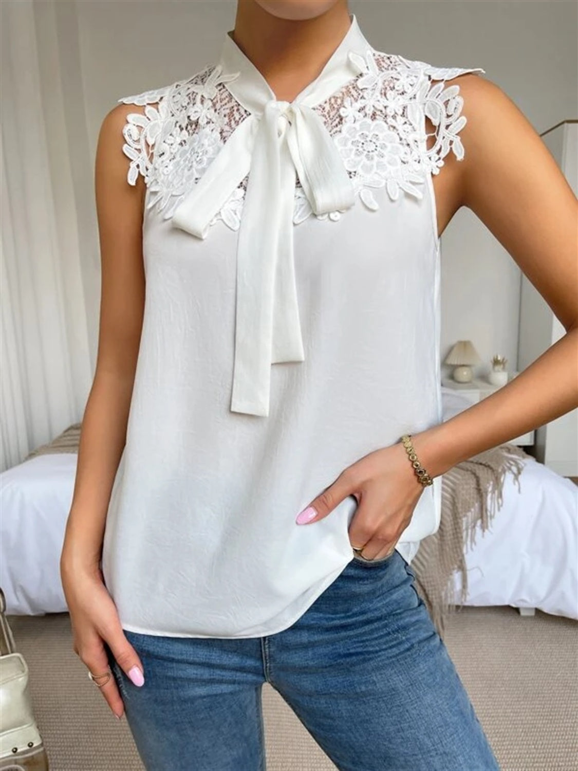 “The International” Lace Detail Tie Neck Tank