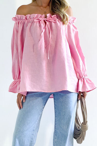 “The Cottage Cutie” Drawstring Off-Shoulder Flounce Sleeve Blouse