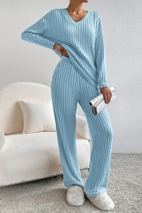 “The Freeda” Ribbed V-Neck Top and Pants Set