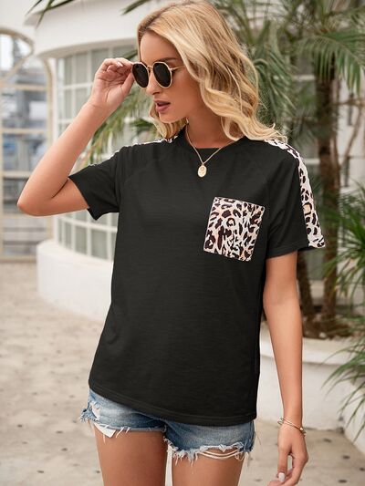 “The Wild One” Pocketed Leopard Round Neck Short Sleeve T-Shirt