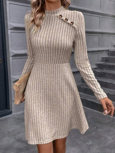 “ The Aafia” Decorative Button Mock Neck Long Sleeve Sweater Dress