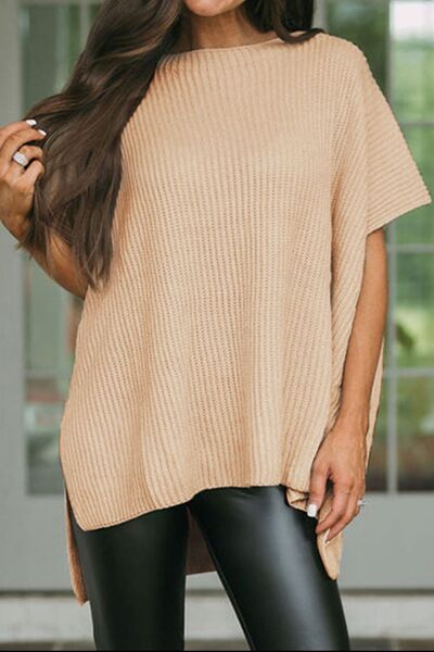 “The Waffle”-Knit Slit Short Sleeve Sweater