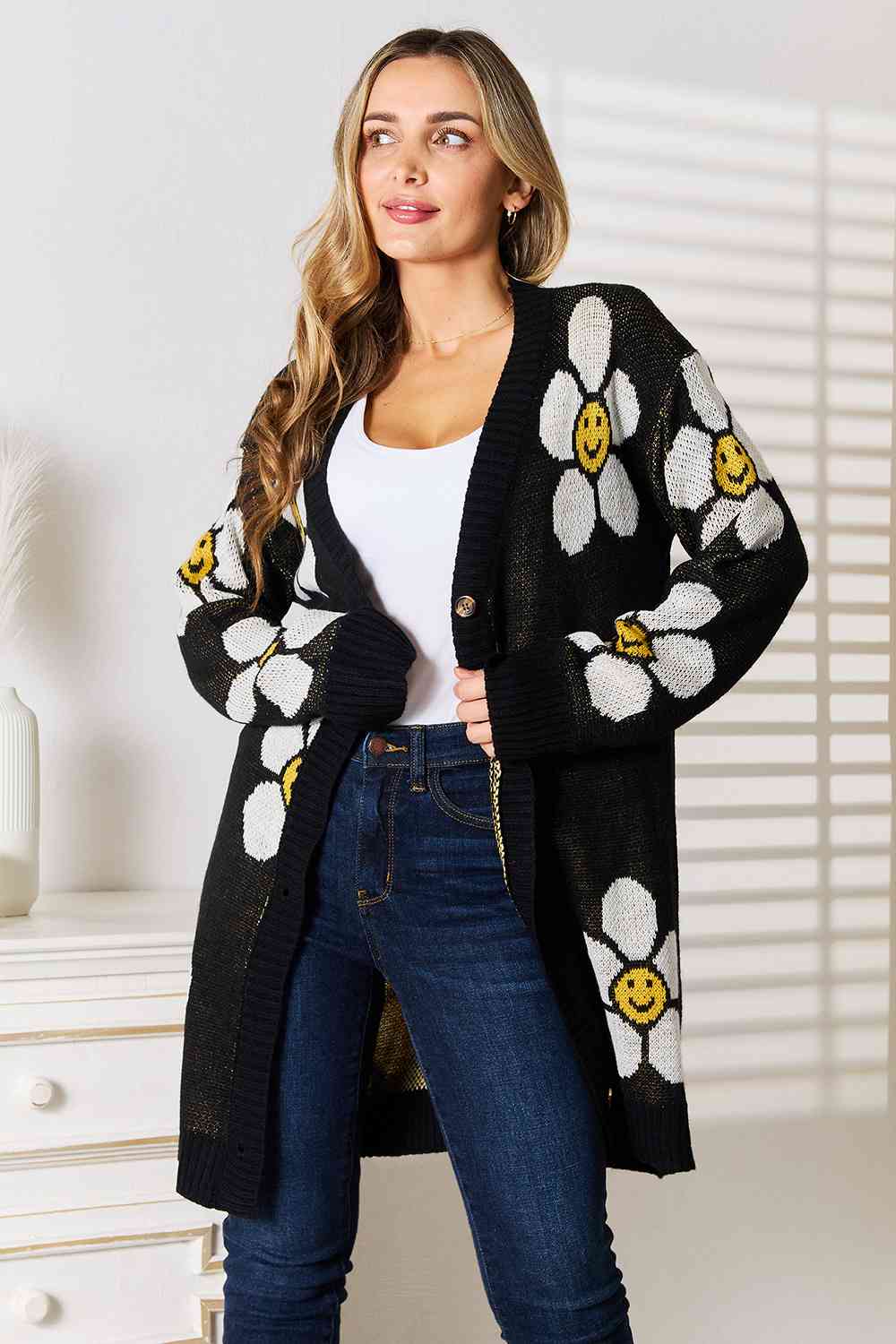 “The Double Daisy” Floral Button Down Longline Cardigan