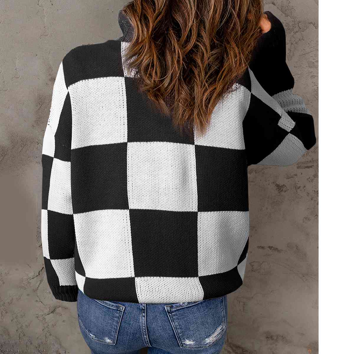 “The Chess Not Checkers” Checkered Half Zip Long Sleeve Sweater