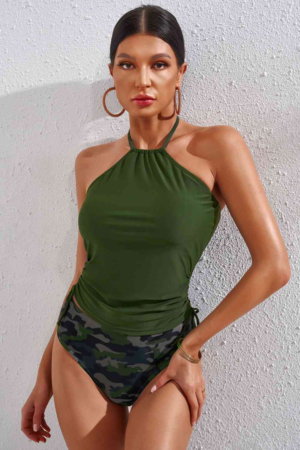 “The Soldier Gal” Drawstring Ruched Halter Neck Swim Top and Camouflage Bottoms Set