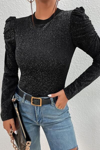 “The Collective” Metallic Round Neck Puff Sleeve Blouse