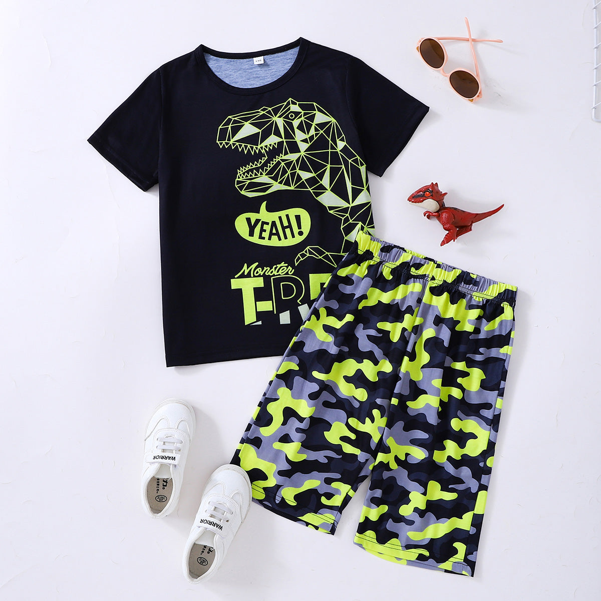 Brickie Boys: The Dinosaur Graphic Tee and Camouflage Shorts Set