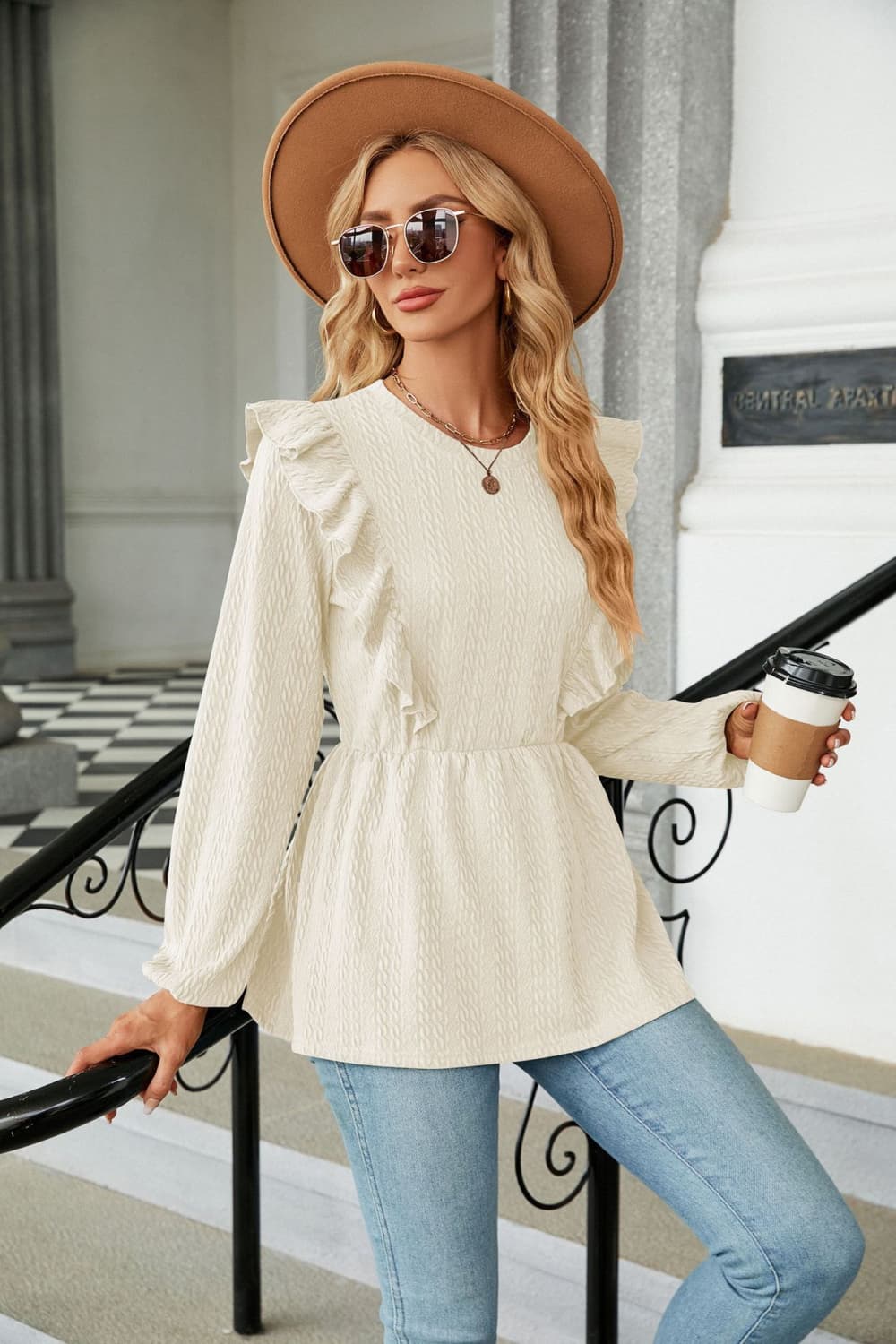 “The Peppy” Round Neck Ruffled Peplum Blouse
