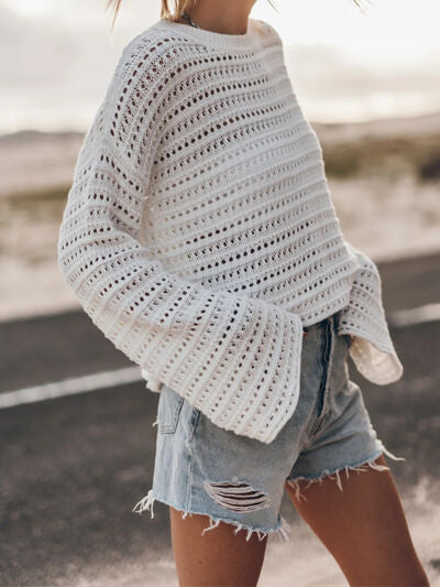 “The First Swing” Openwork Round Neck Dropped Shoulder Knit Top