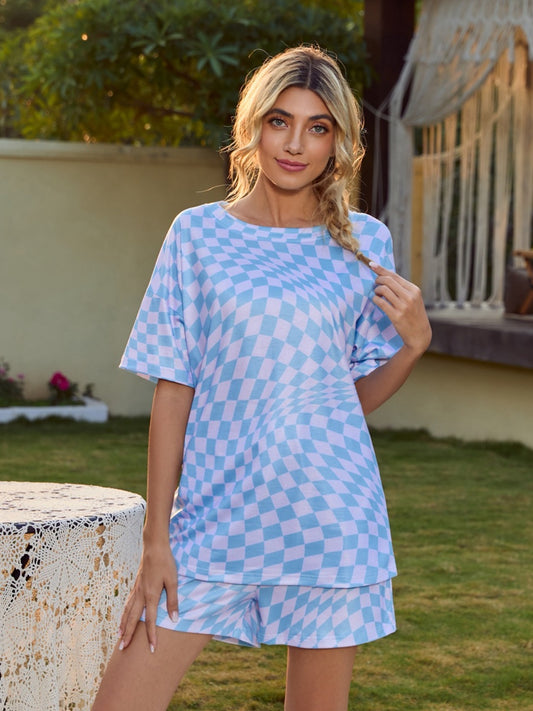 “The Space-Out” Plaid Round Neck Top and Shorts Lounge Set