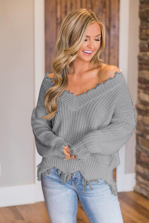 “The Deeply Loved” Frayed Hem Dropped Shoulder Sweater