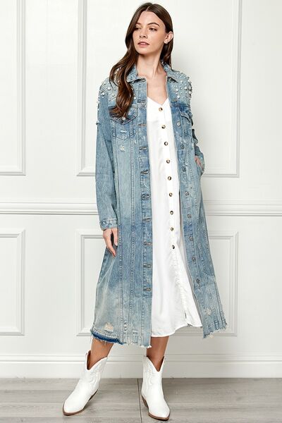 “The Veveret” Full Size Distressed Raw Hem Pearl Detail Button Up Jacket