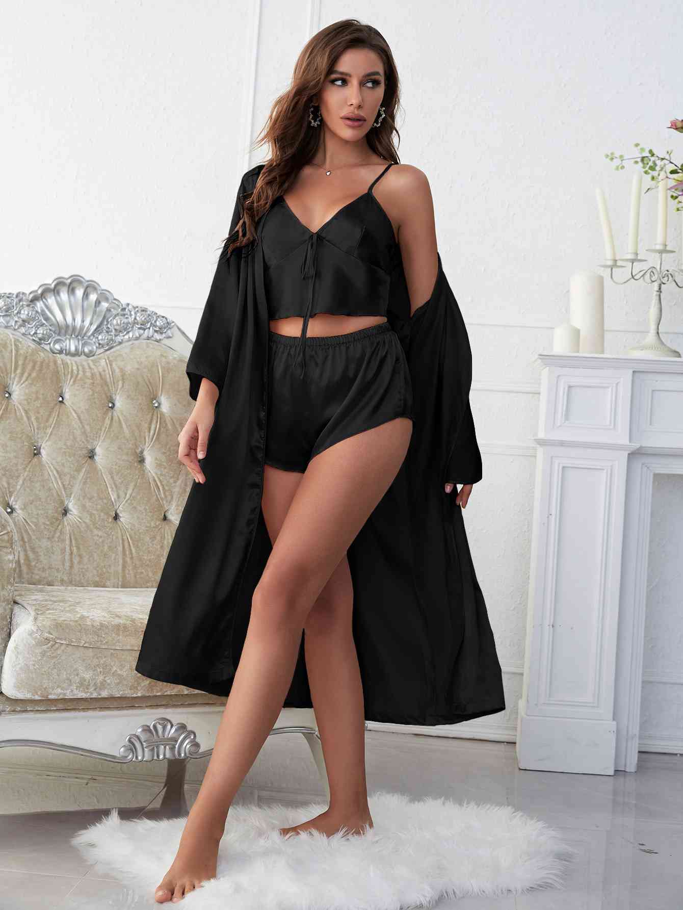 “The Stacey” Satin V-Neck Cami, Shorts, and Belted Robe Pajama Set