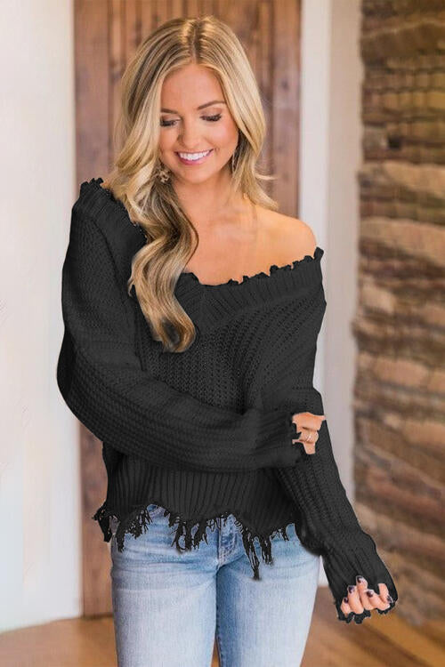 “The Deeply Loved” Frayed Hem Dropped Shoulder Sweater