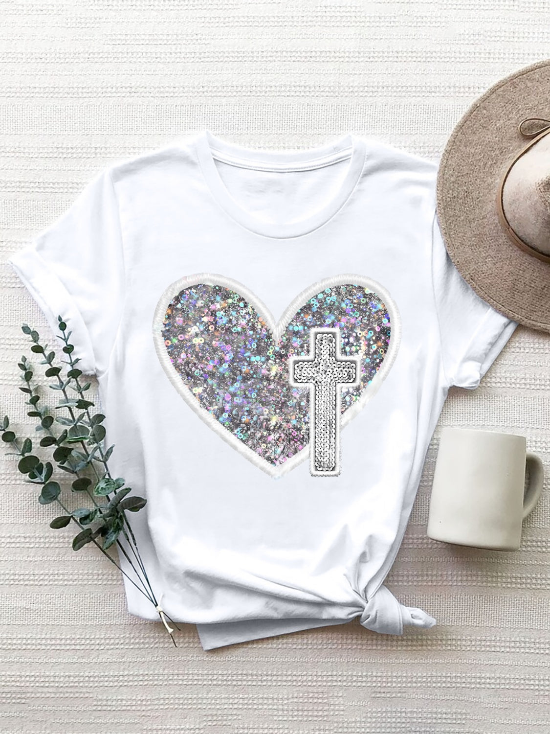 “The Glory” Sequin Heart Round Neck Short Sleeve T-Shirt