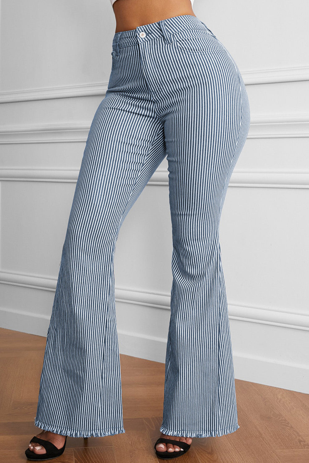 “The Misty Blue” Striped Fringe Detail Flare Pants