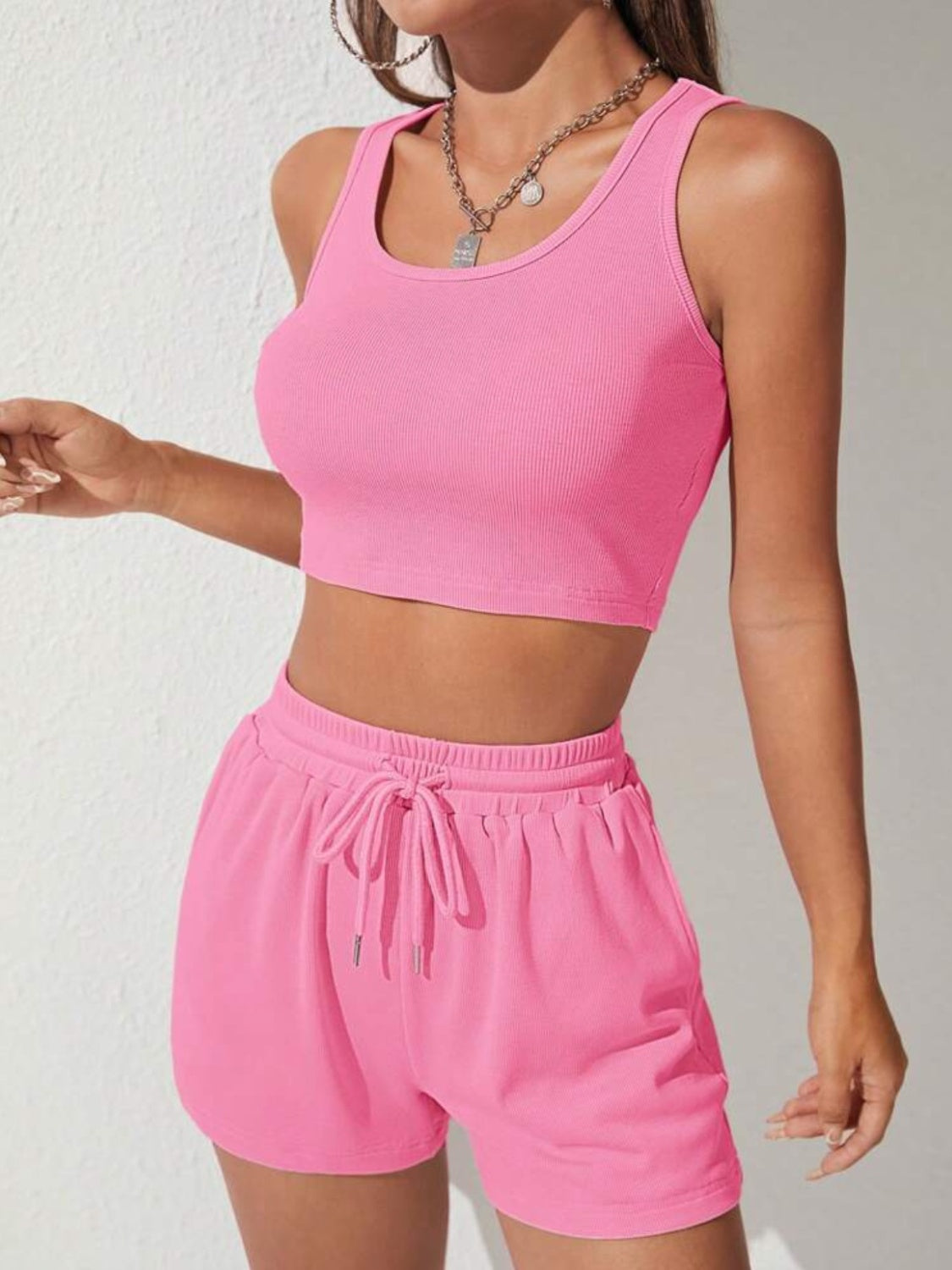 “The Kicks” Scoop Neck Wide Strap Top and Drawstring Shorts Set