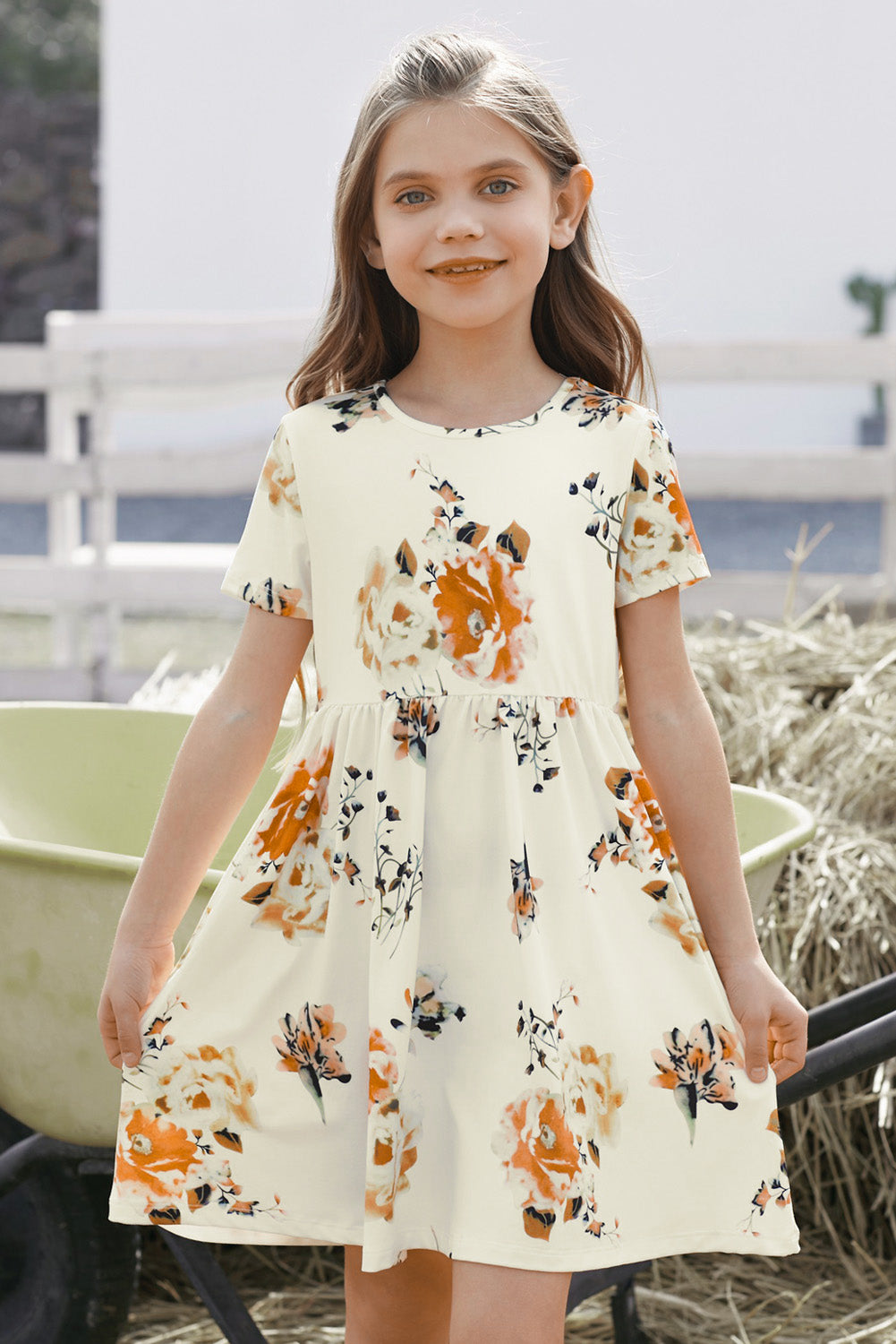 “The Big Floral” Girls Floral Short Sleeve Round Neck Dress