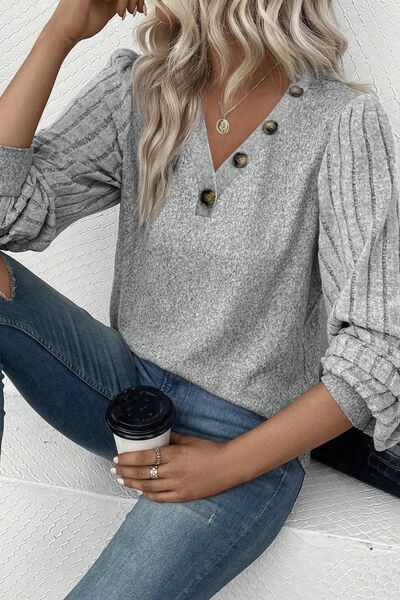 “The Proof Is In The Grey” Decorative Button V-Neck Lantern Sleeve Blouse