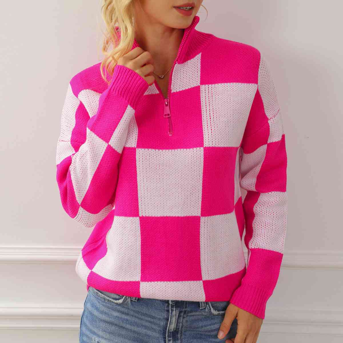 “The Chess Not Checkers” Checkered Half Zip Long Sleeve Sweater