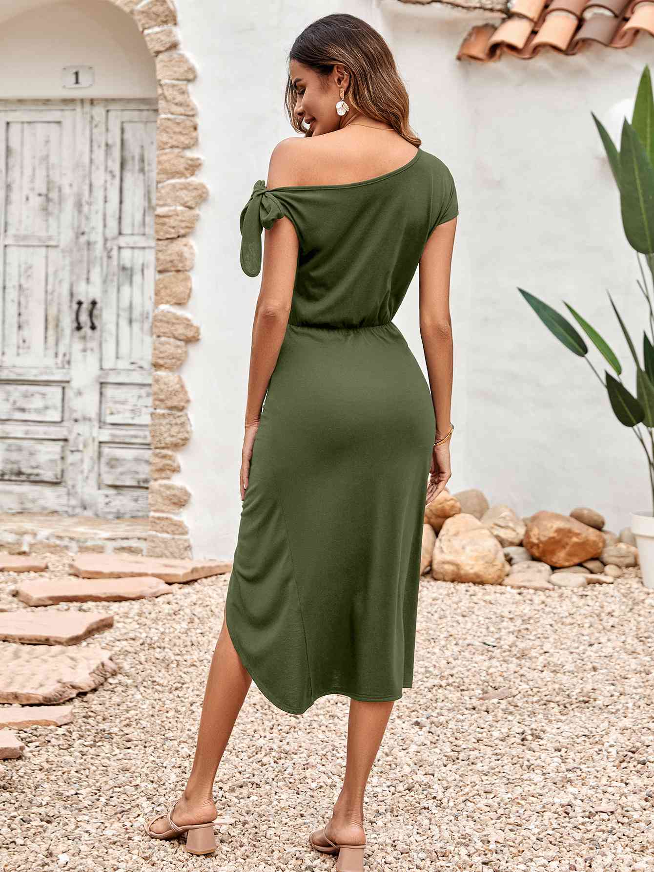 “The Roman” Asymmetrical Front Slit Midi Dress