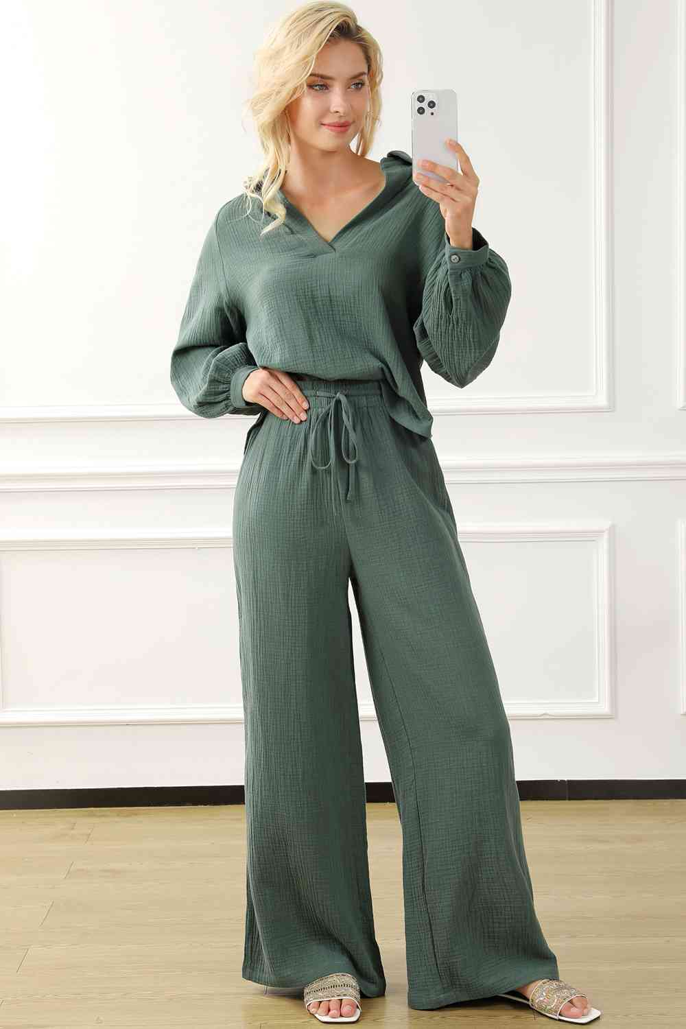 “The Well Rested” Collared Neck Top and Drawstring Pants Set