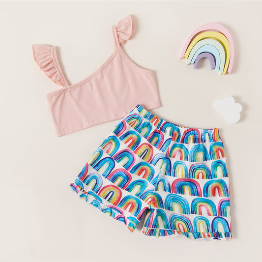 Brickie Girl: “The Somewhere Over The Rainbow” Asymmetrical Neck Top and Rainbow Print Shorts Set