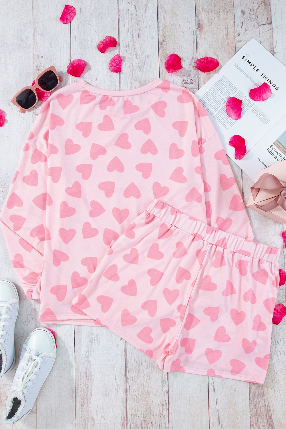 “The Lazy Heart” Print Round Neck Top and Shorts Lounge Set