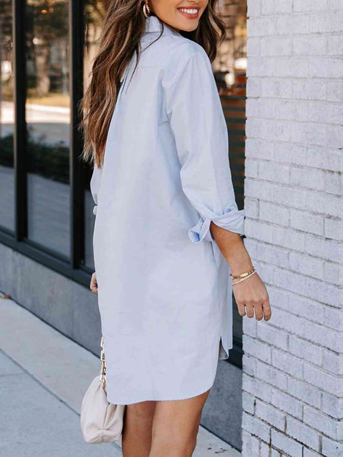 “The Bayside Fee” Button Up Collared Neck Long Sleeve Shirt Dress