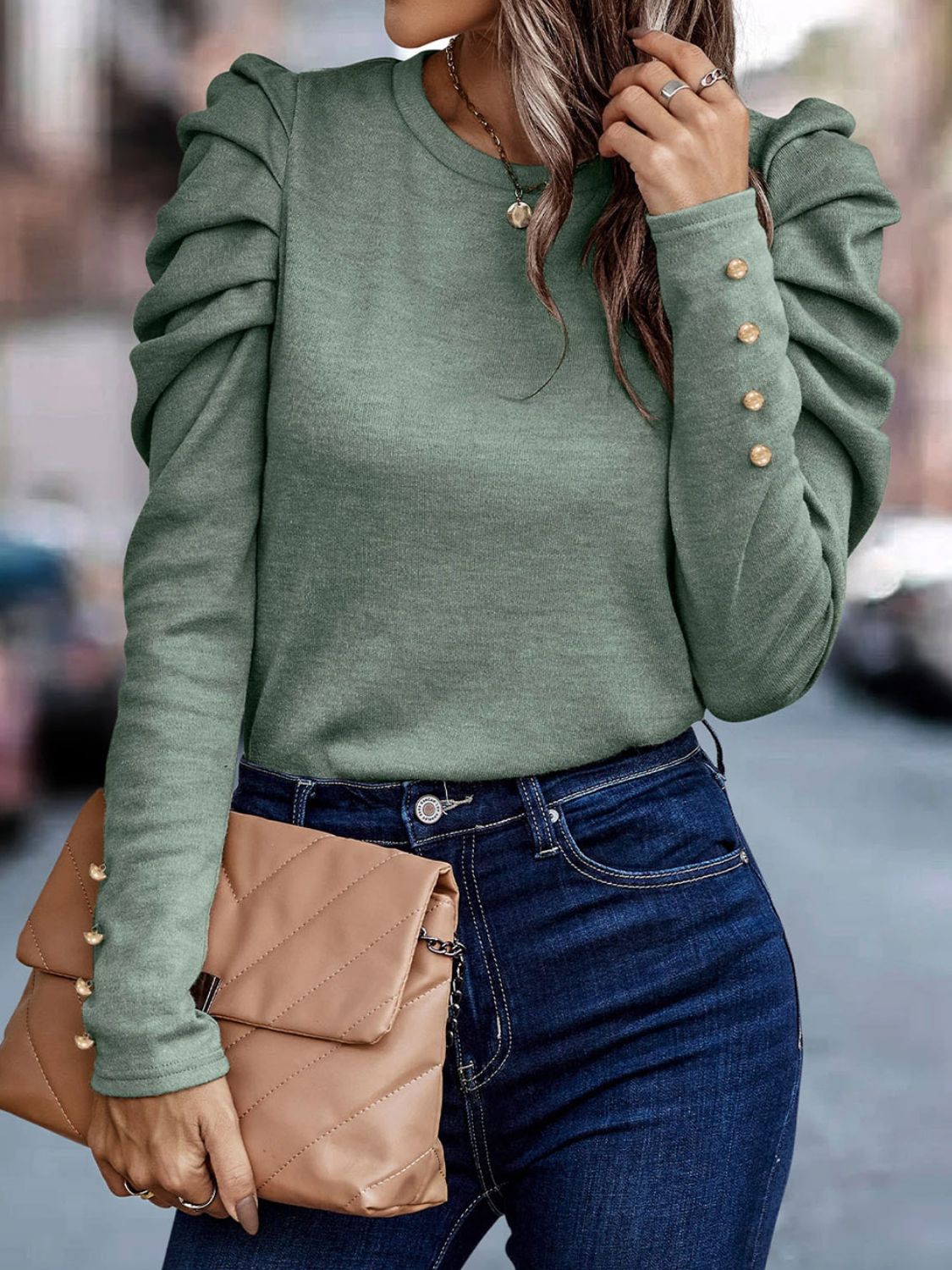 “The Steady Riser” Round Neck Puff Sleeve Sleeve Blouse