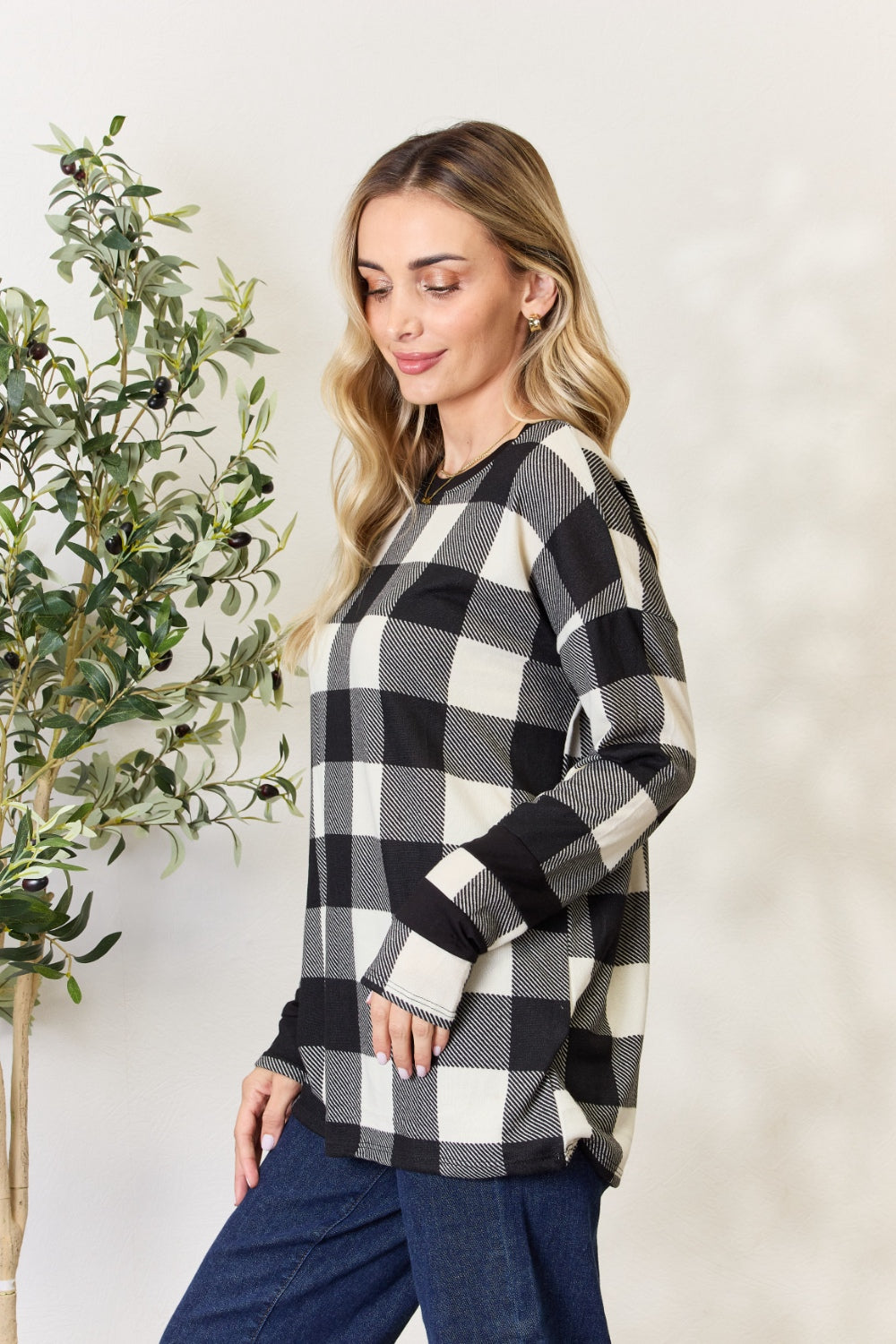 “The Checkered Celeste” Full Size Plaid Round Neck Long Sleeve T-Shirt