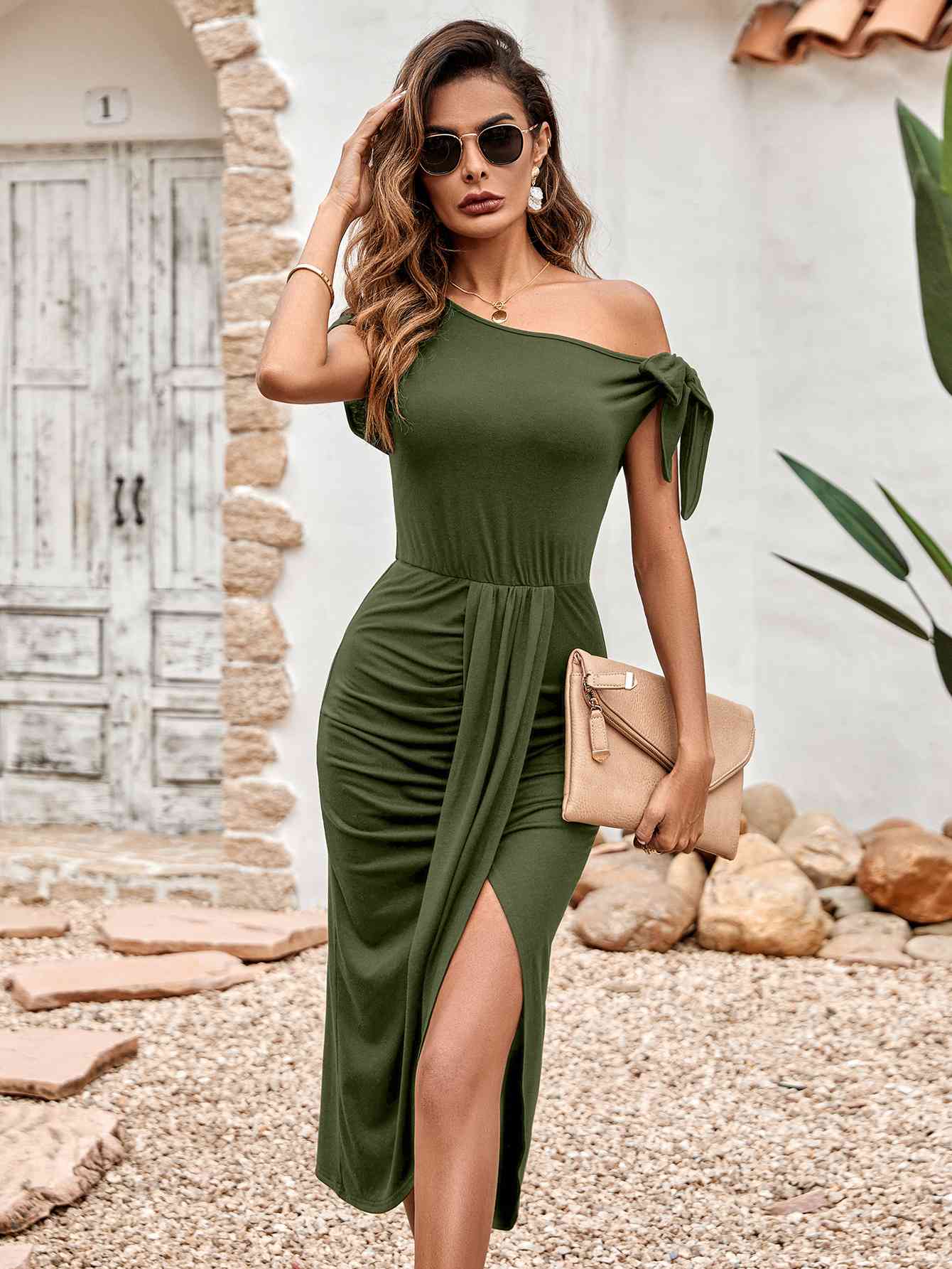 “The Roman” Asymmetrical Front Slit Midi Dress