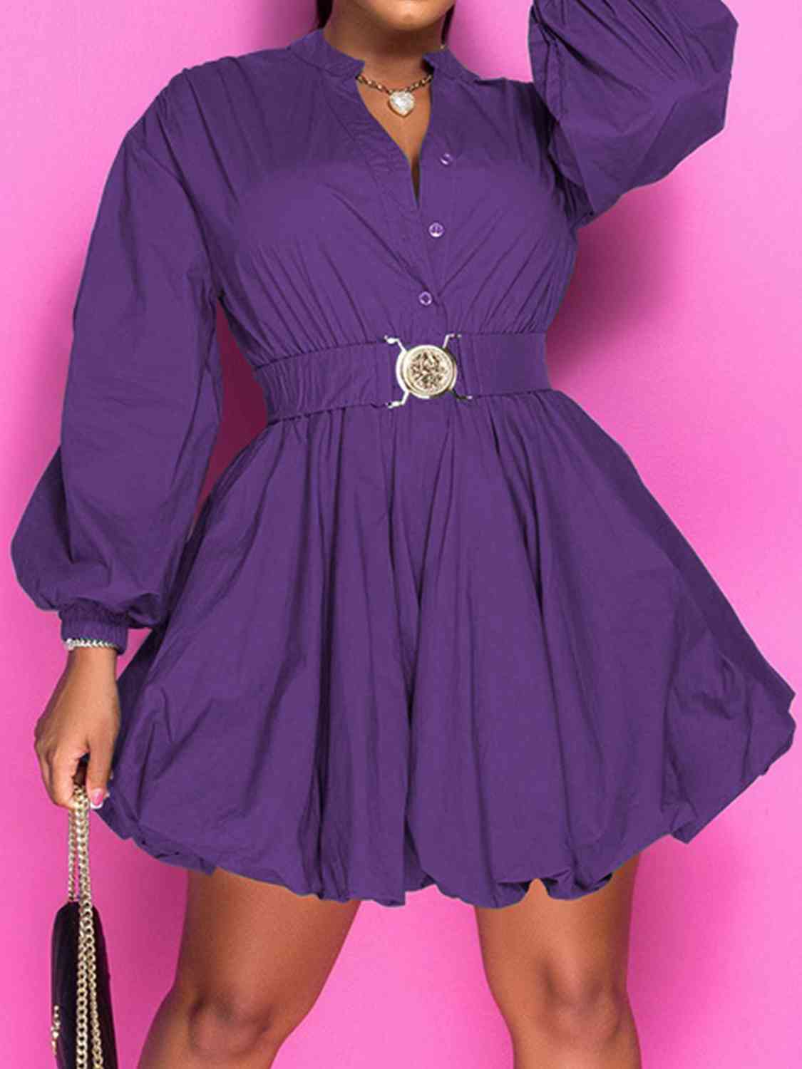 Birthday Fee Notched Button Up Balloon Sleeves Dress