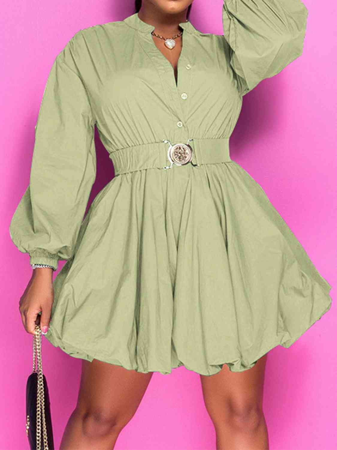 Birthday Fee Notched Button Up Balloon Sleeves Dress