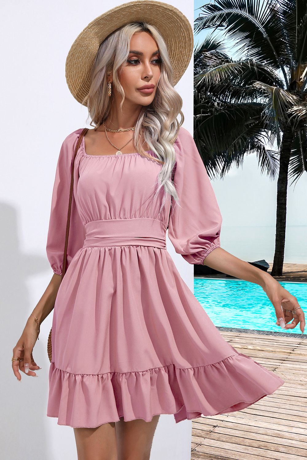 “The Happy Days” Square Neck Tie Back Ruffle Hem Dress