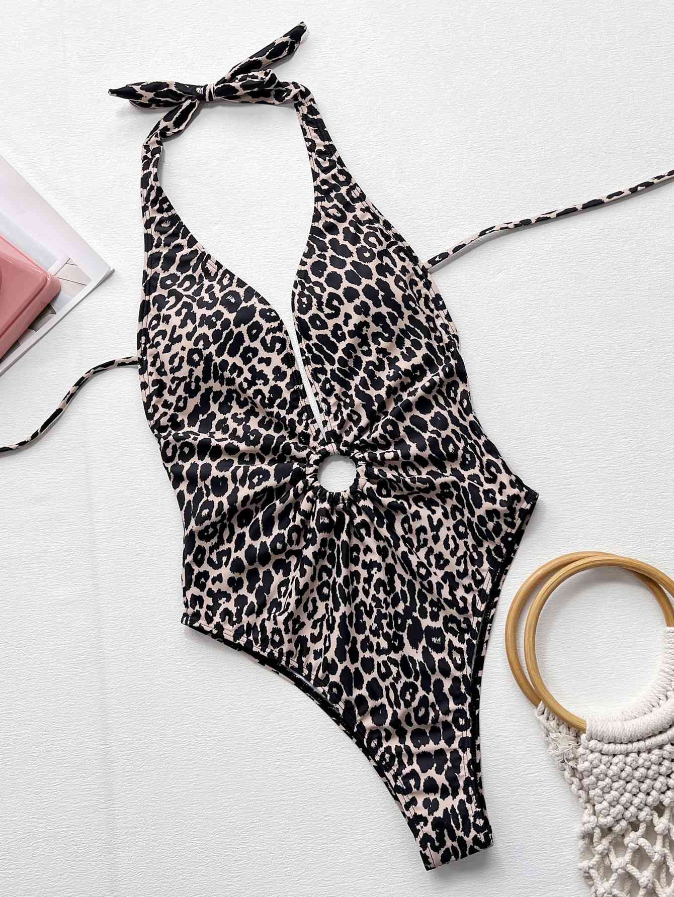 “The Lady Leo” Leopard Halter Neck Ring Detail One-Piece Swimsuit