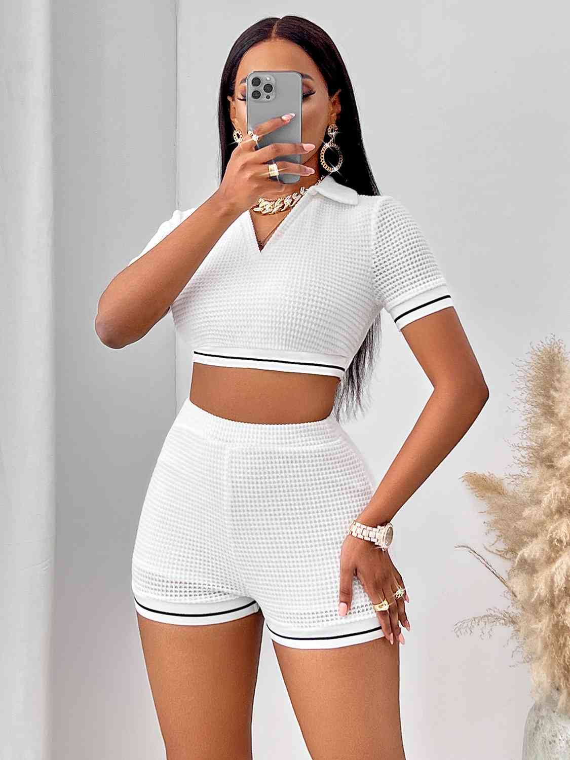 “The D’Cherelle” Waffle-Knit Collared Neck Cropped Top and Shorts Set