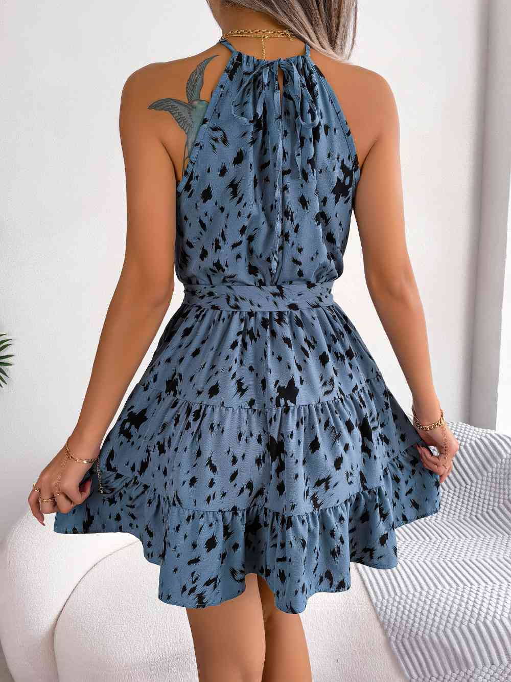 “The Flinstone” Halter Neck Printed Tie Waist Sleeveless Mini Dress